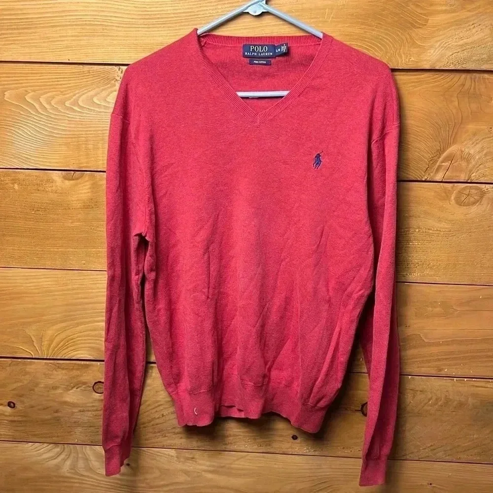 Polo Ralph Lauren Men Red Pima Cotton V-Neck Sweater L LS Embroidered Pony Fall